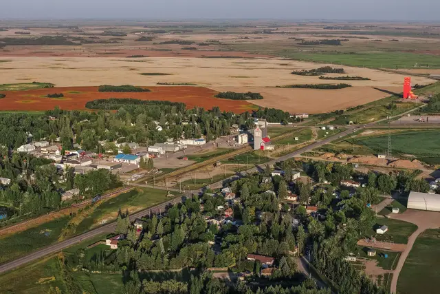 Aerial view of the town and surrounding farmland